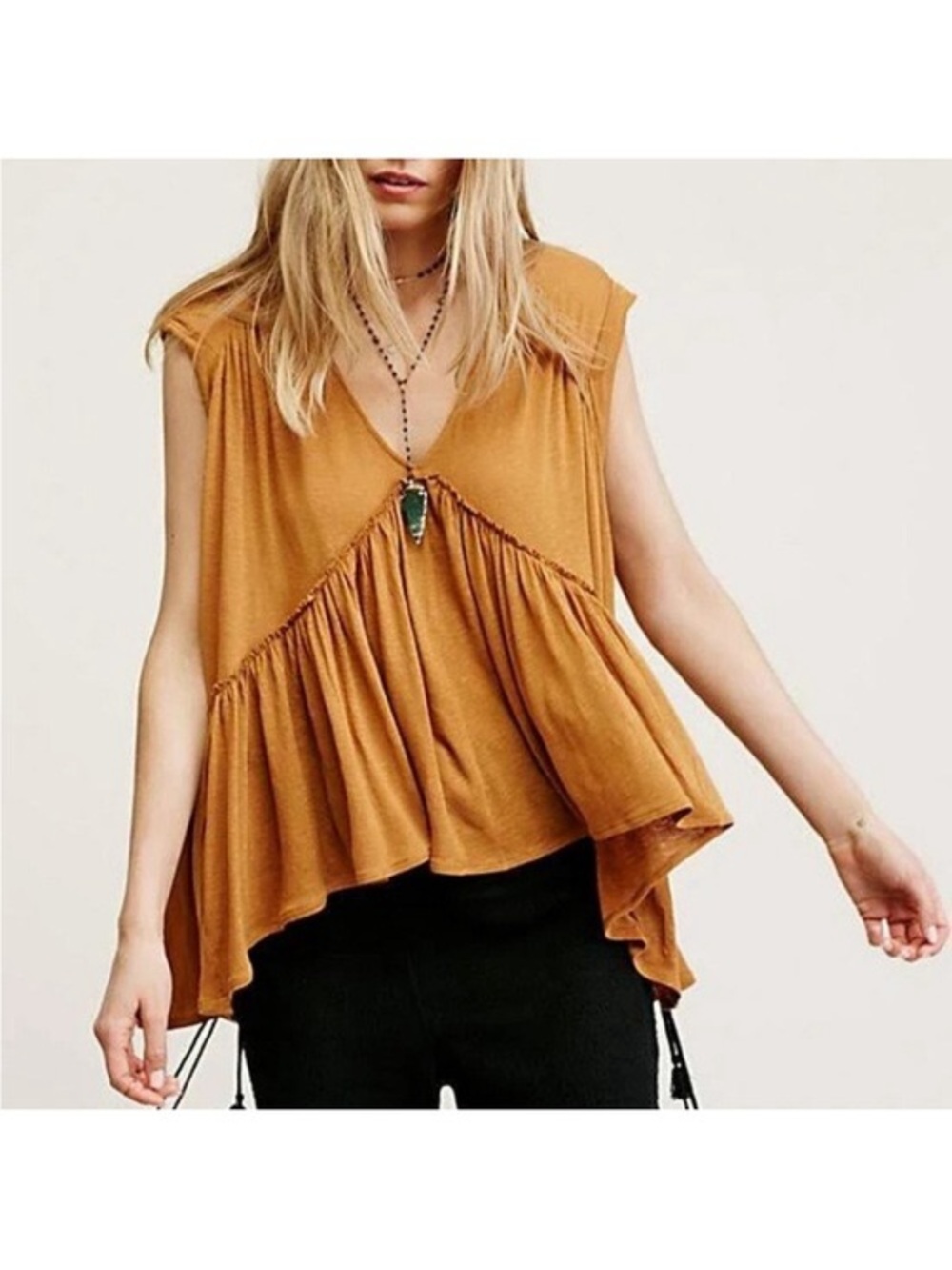 Free People- Mustard Ruffle High Low V-Neck